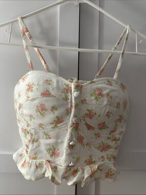 Floral Ruffle Bustier Crop Top in White and Pink